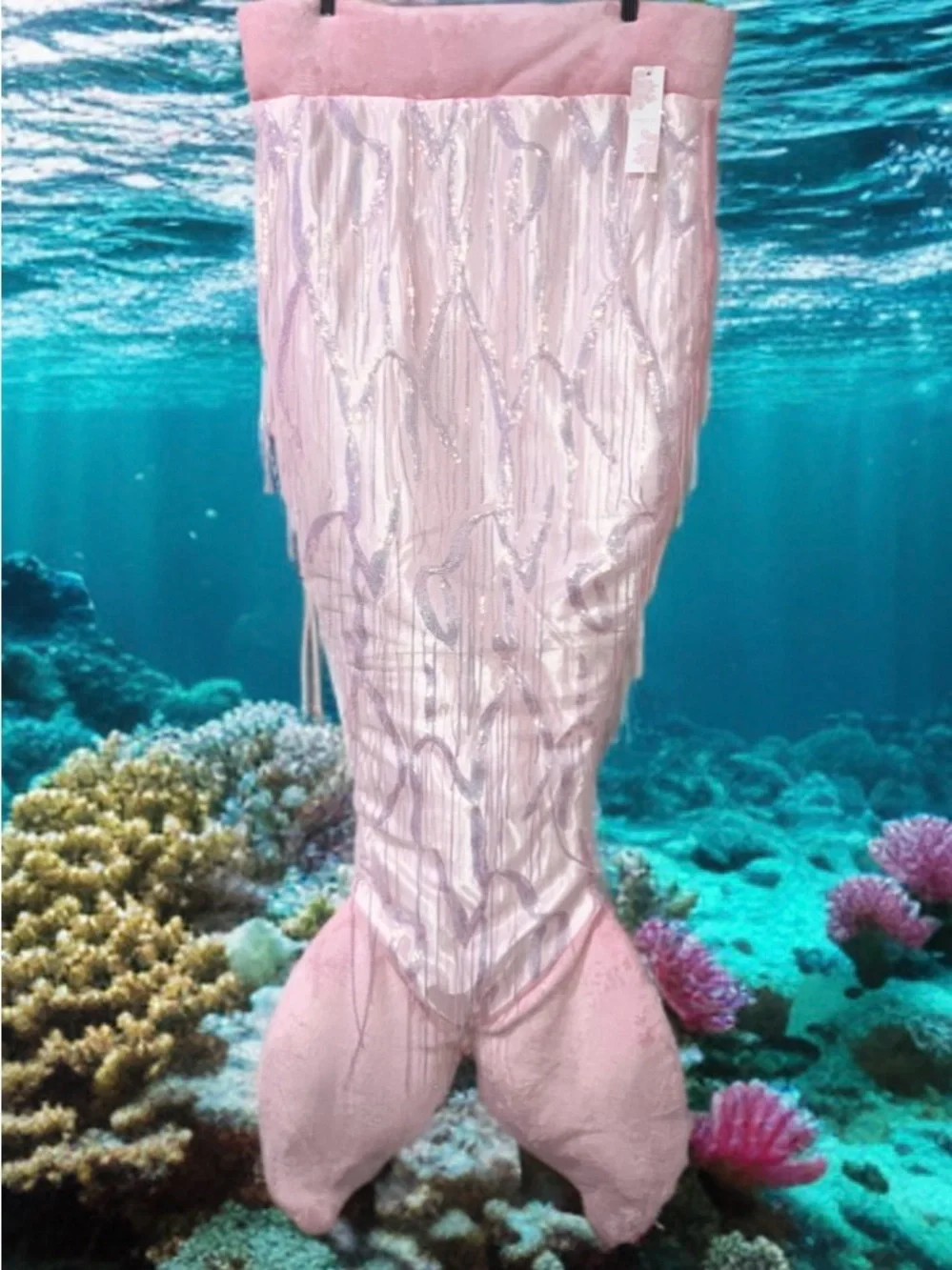 Shabby Chic Pink Faux Fur Snuggle Mermaid Tail Sequin Bling Shimmery Blanket NWT